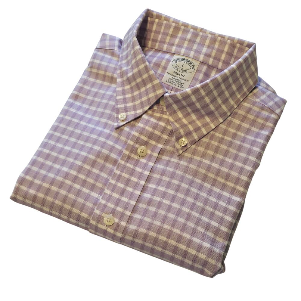 Brooks Brothers Regent Button Down Shirt Men L Purple Gingham 100% Supima Cotton